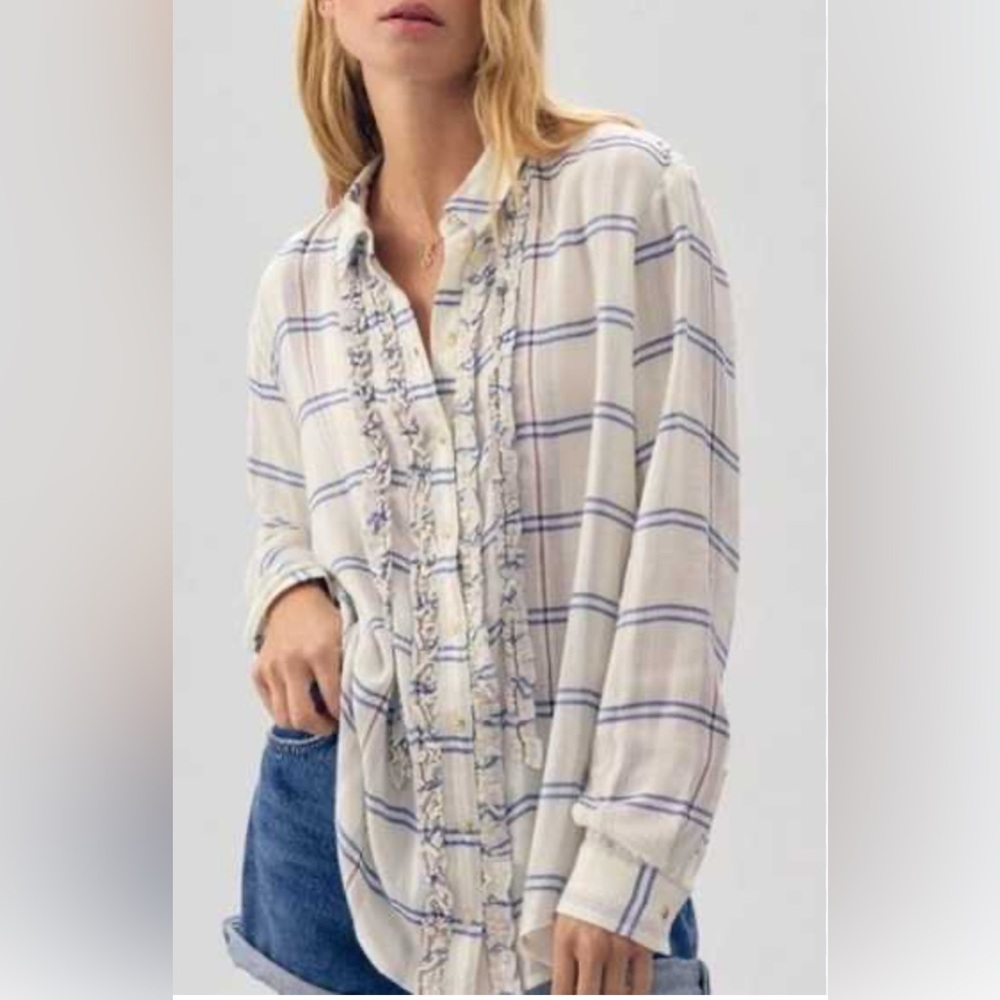 Pilcro Anthropologie Ivory Plaid Button Down Top Tuxedo Ruffle Detail Small